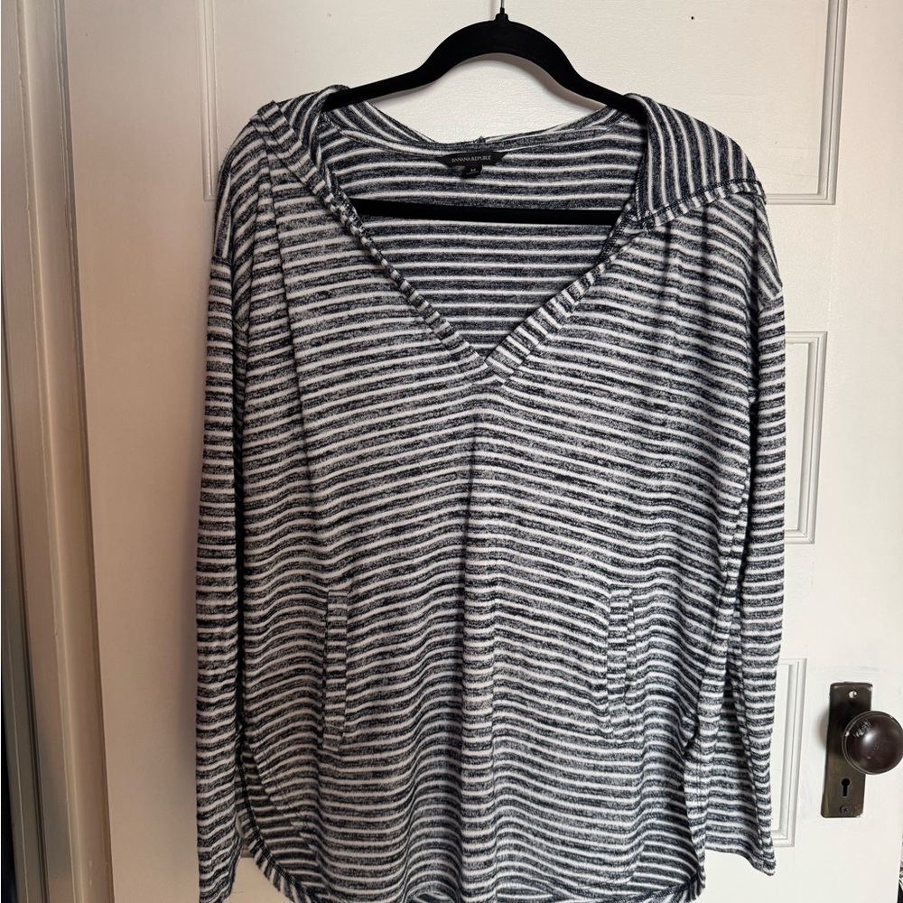 Banana Republic Navy and White Striped V-Neck Hoodie